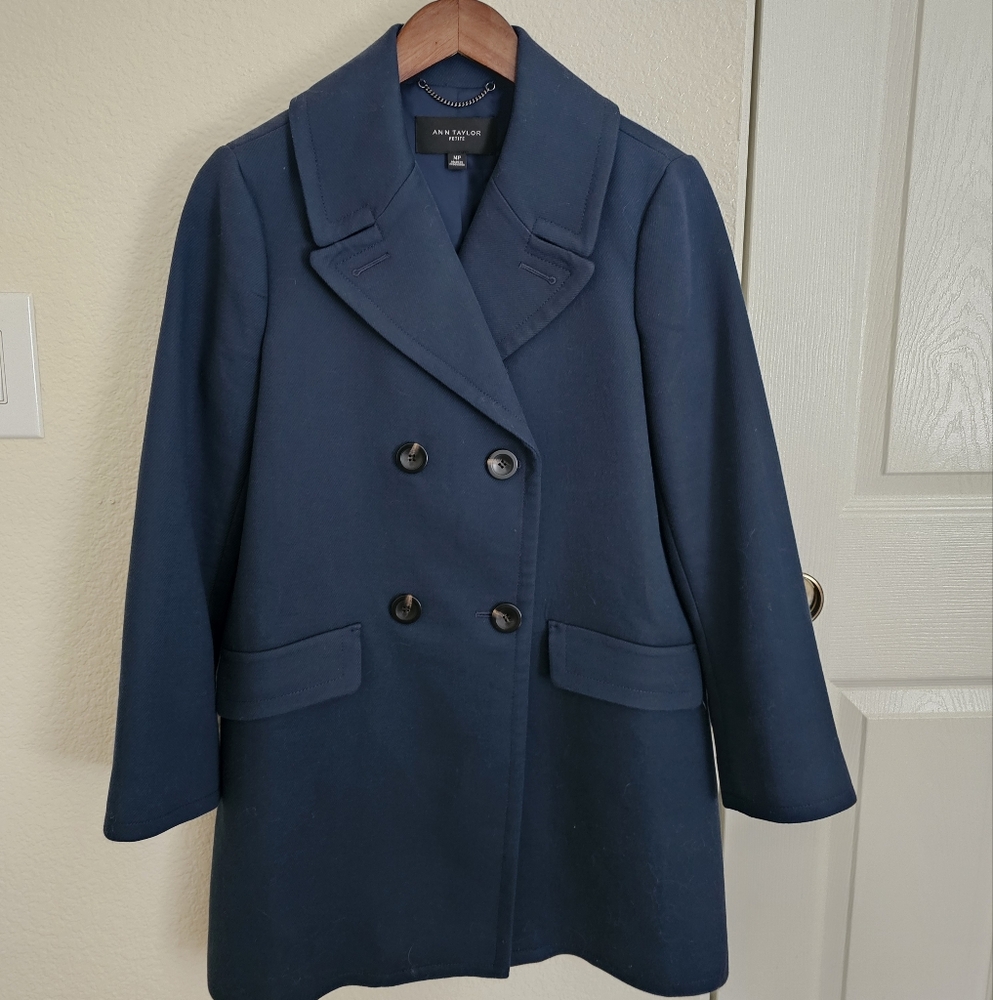 Ann Taylor Pea Coat Jacket Blue Mid Length